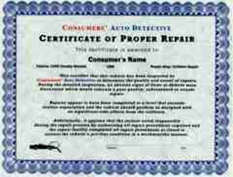 Consumers' Auto Detective certificate of repair